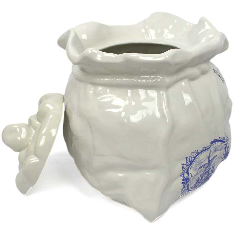 weißer keramik topf in der sackform von 4 liter verziert mit windmühle in blau